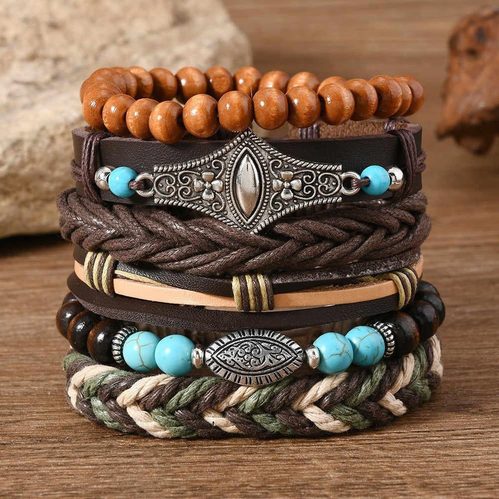 Wholesale Retro Handmade Leather Bracelet Set - 6 Piece Bohemian Fashion Accessory for Everyday Wear