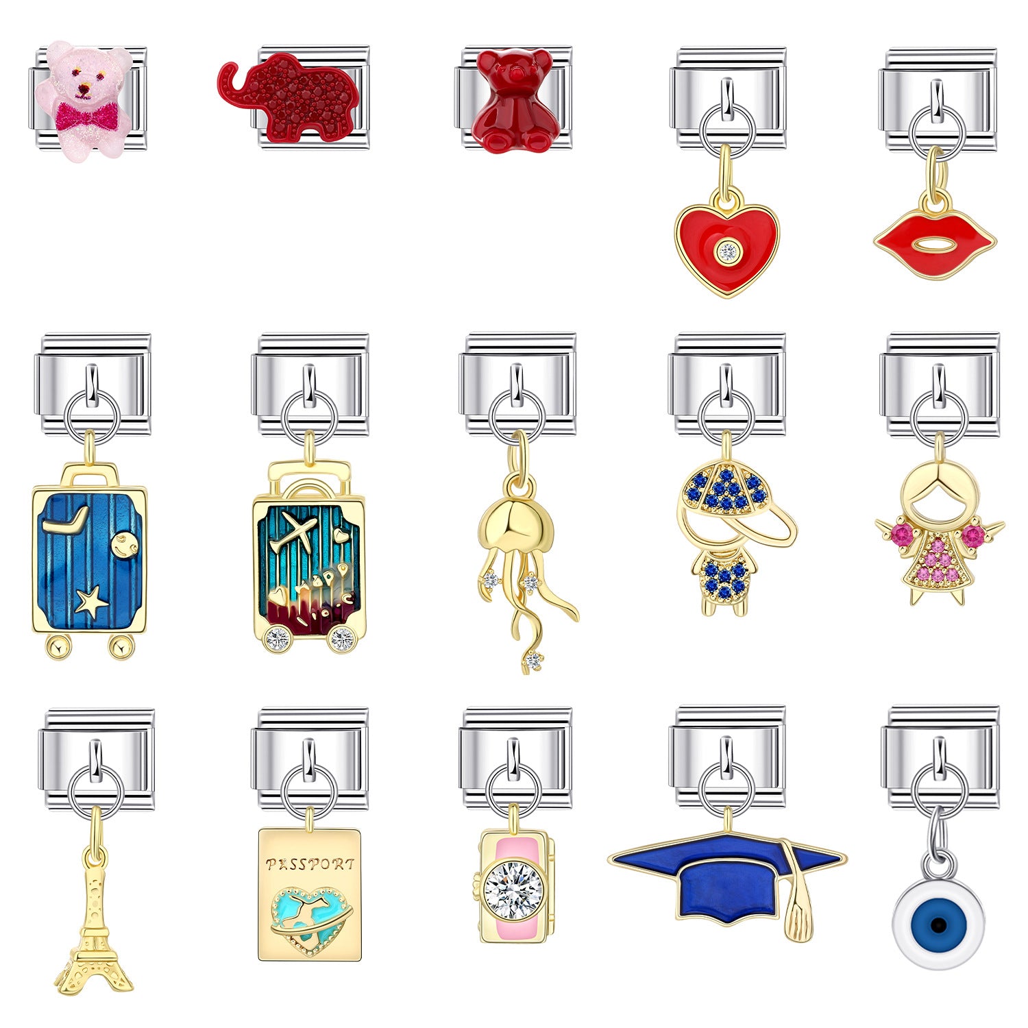 Wholesale 10pcs Italian Charm Bracelet 9mm DIY Splicing Eiffel Tower Suitcase Love Stainless Steel Composable Bracelet