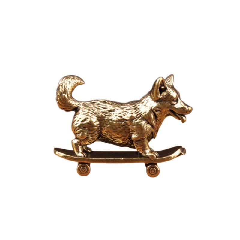 Wholesale Brass Skateboard Dog Figurine Chinese Zodiac Ornament for Resale Home Decor