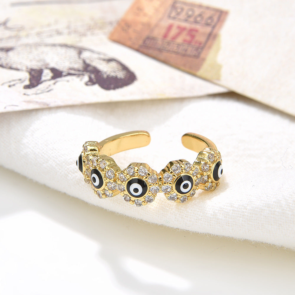 Wholesale 18K gold-plated zircon oil-drop colored devil' s eye open ring