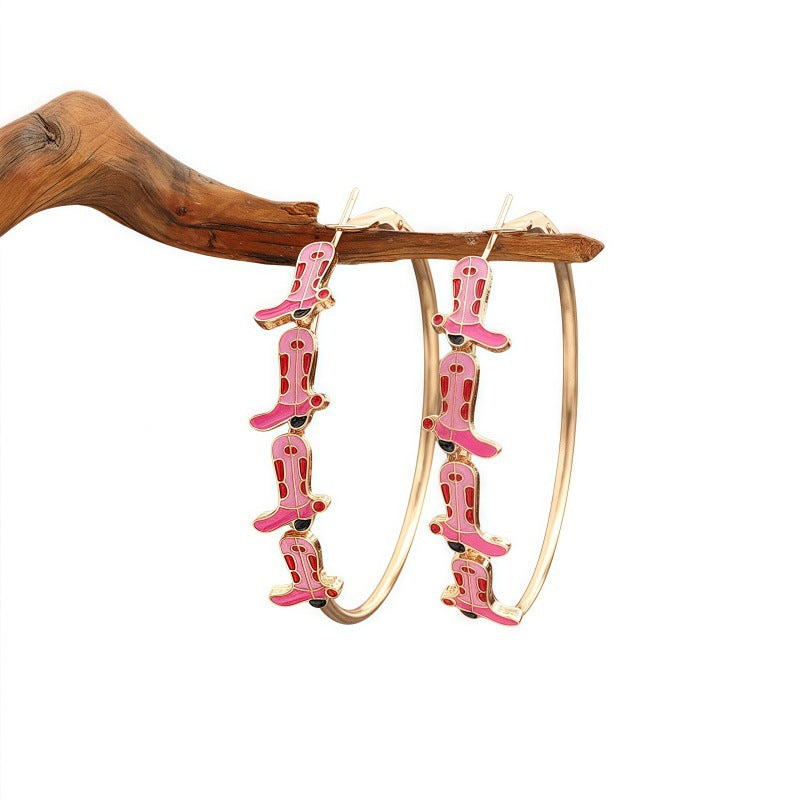 Wholesale Star Hoop Oil Drop Pink Cowboy Hat Boots  Earrings