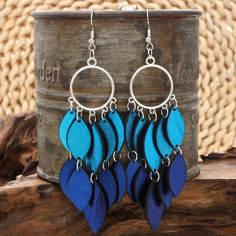 Wholesale  Bohemian Style Whole Feather Shape Small Leaf Light Blue Dark Blue PU Leather Earrings
