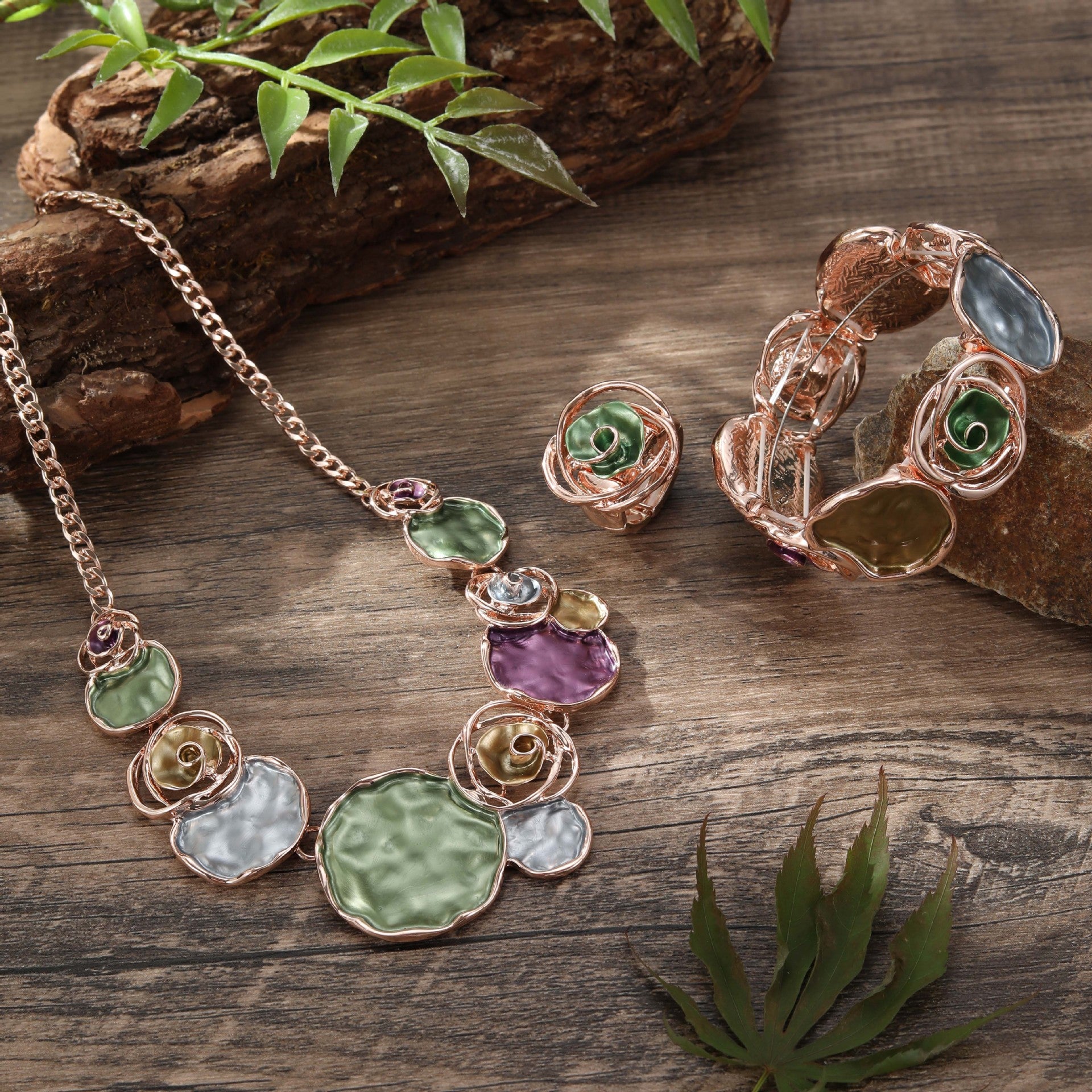 Wholesale Colorful Oil Painting Rose Flower Ring Bracelet Necklace Set ACC-NE-Taol004