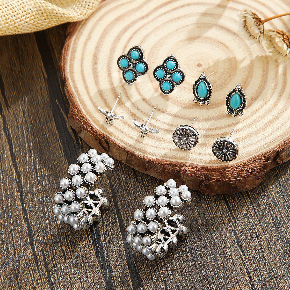 Wholesale  turquoise vintage earrings cow head flower rice beads C- shaped  earrings suit