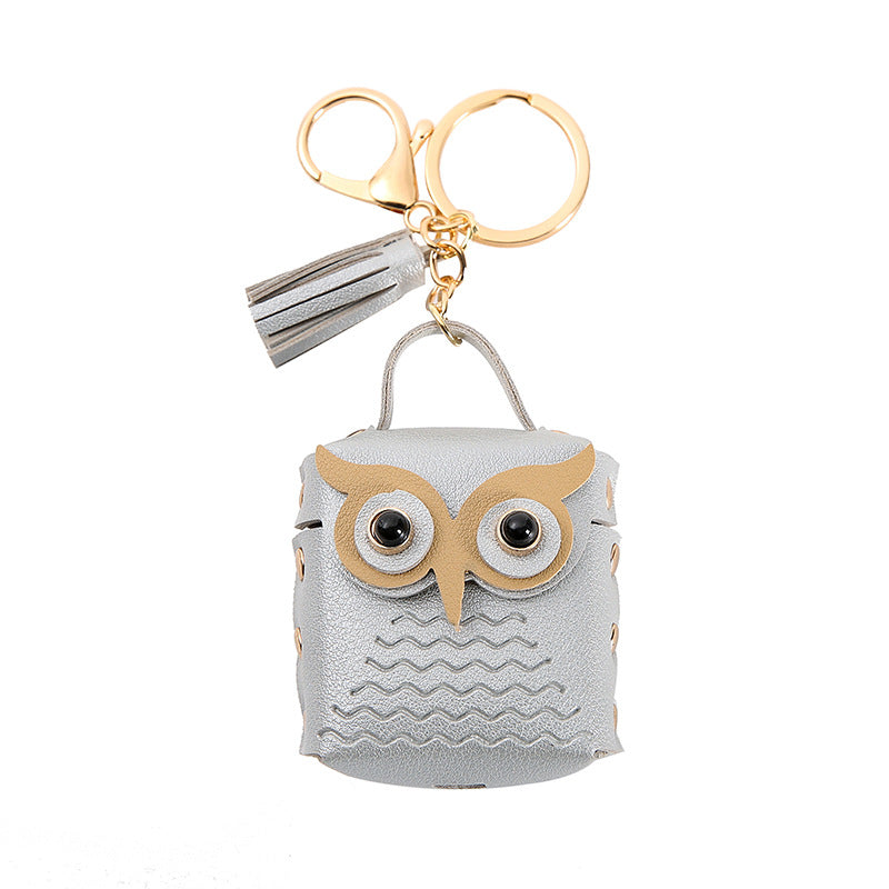 Wholesale Trendy Silver Owl Artificial Leather Earphone Pouch Keychain Bag Charm For Keys Gift Resale
