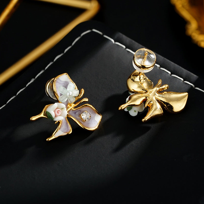 Wholesale Vintage Light Luxury Oil Painting Butterfly Flower  Earrings