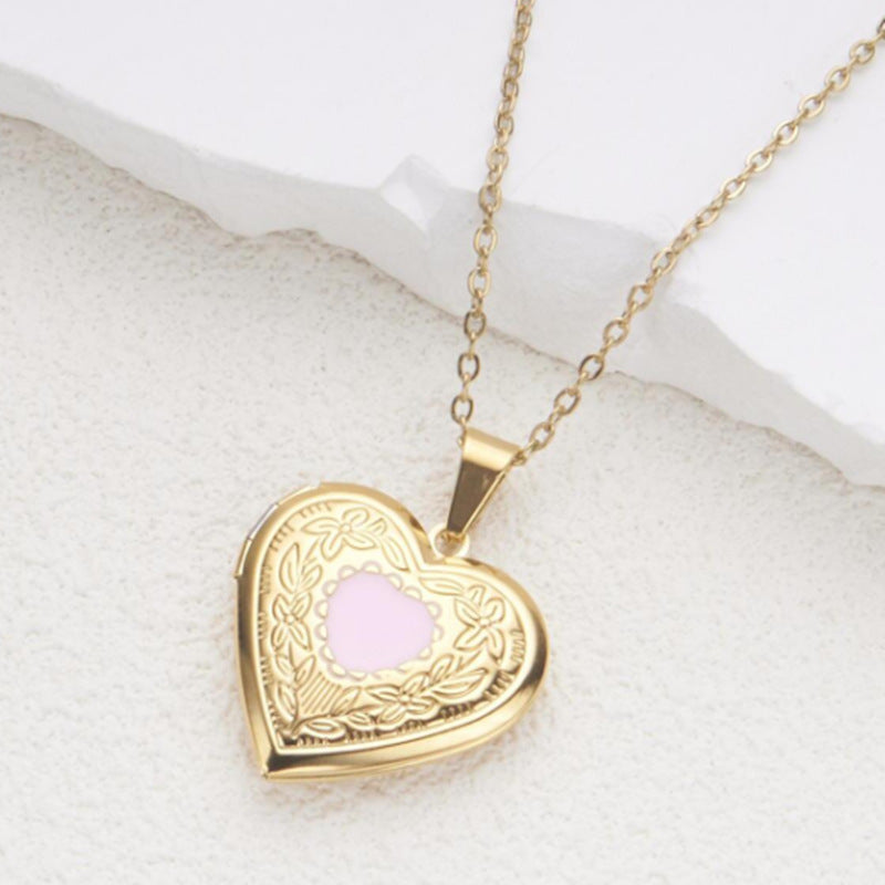 Wholesale stainless steel silver gold pink dripping oil can open heart-shaped necklace