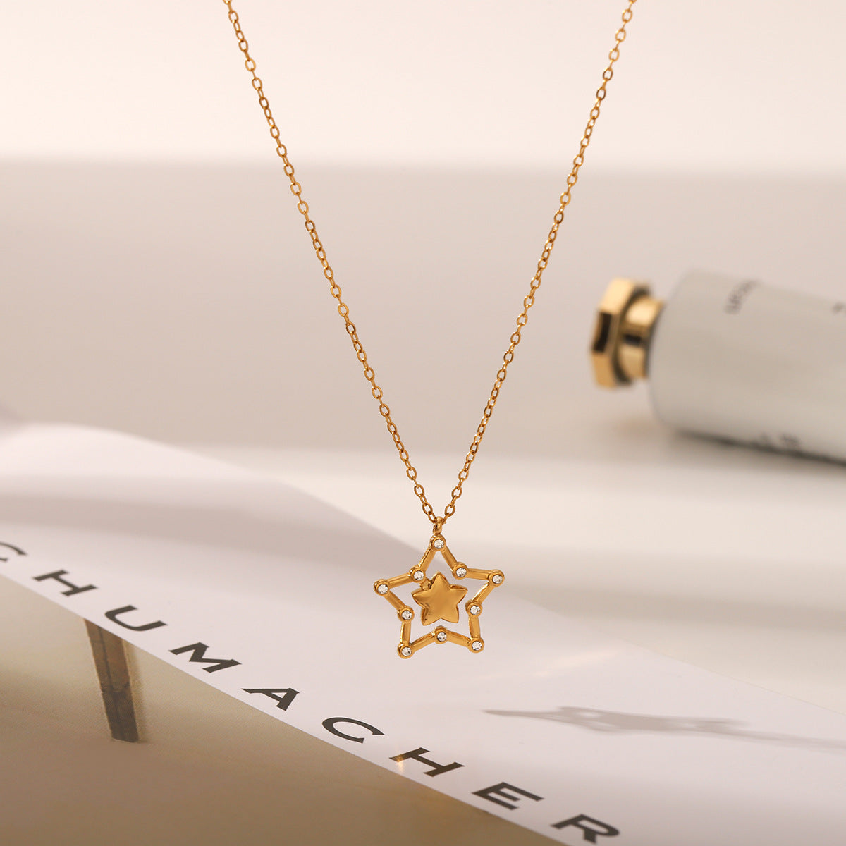 Wholesale diamond hollow five-pointed star titanium steel necklace