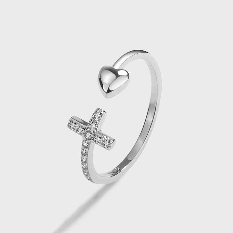 Wholesale sterling silver jewelry cross love ring open adjustable silver ring