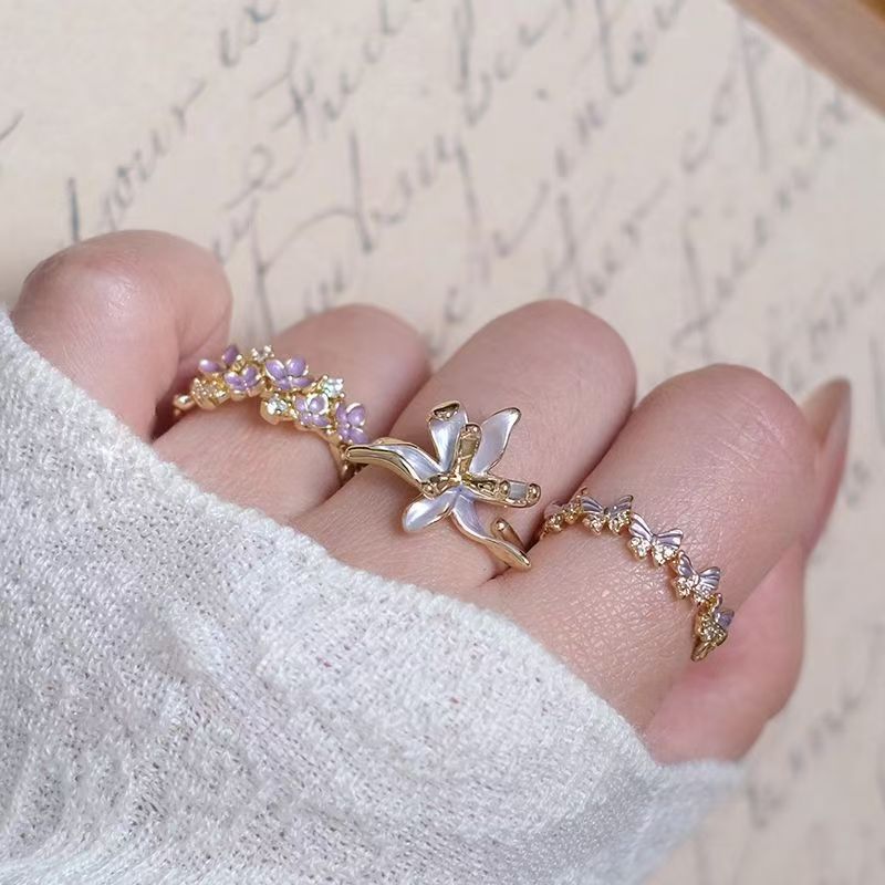 Wholesale Alloy Enamel Open Ring With Purple Iris Flower And Butterfly Women S Fashion Jewelry Accessory