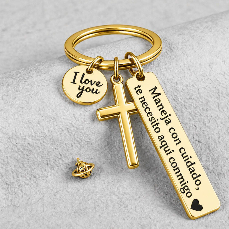 Wholesale Stainless Steel Engraved Motorcycle Keychain Couple Car Hanging Gift With Spanish Love Message