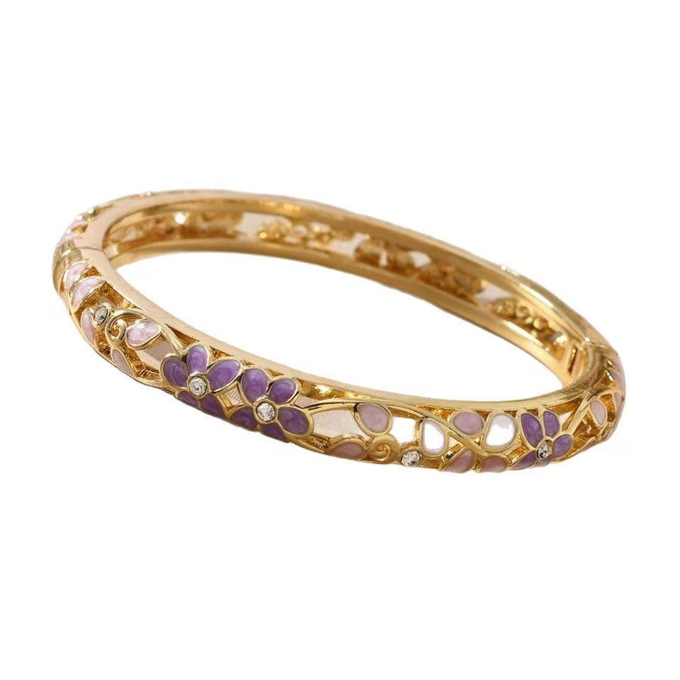 Wholesale Vintage Floral Open Cuff Hollow Bracelet White Leaves Pink Flowers Zinc Alloy Stylish Jewelry For Women