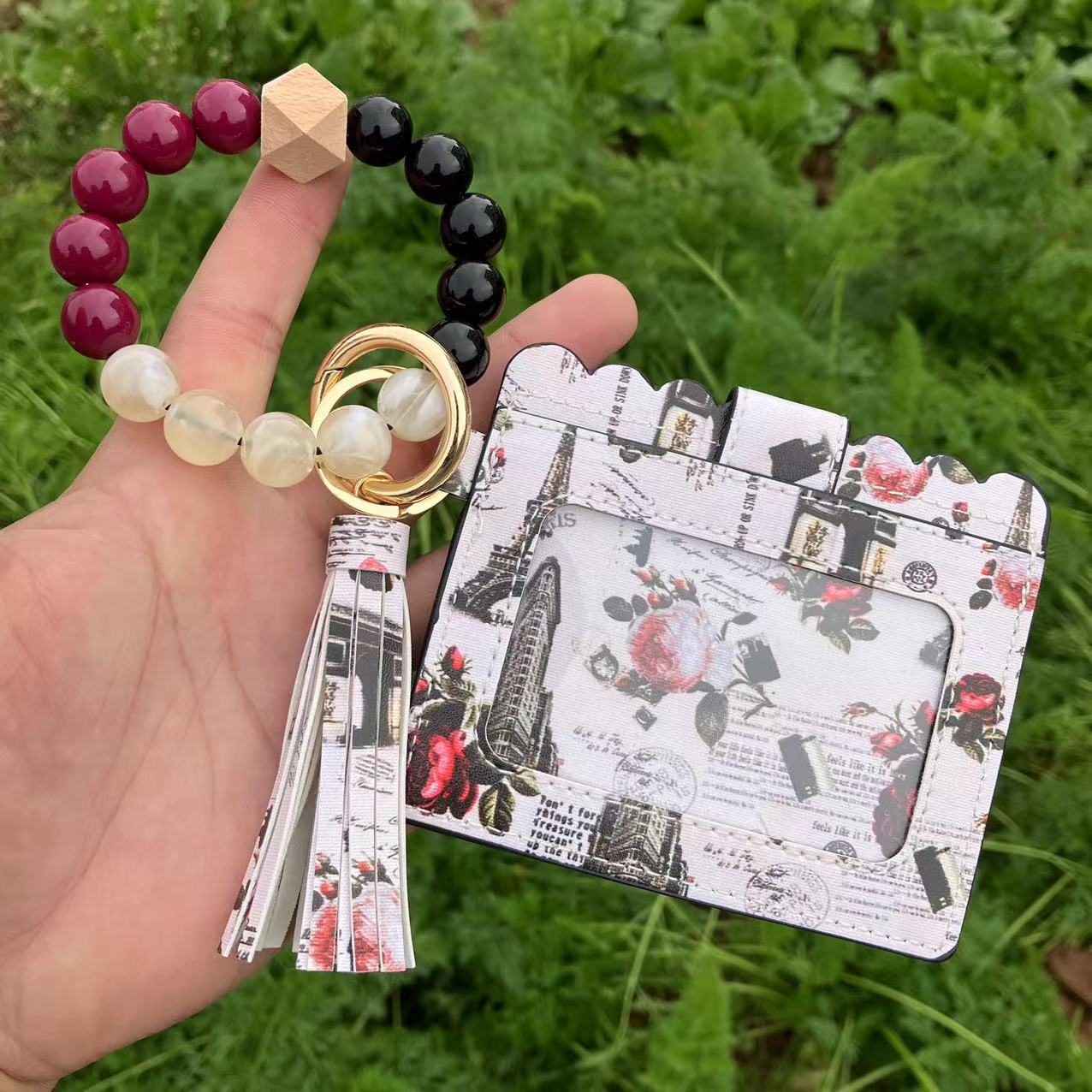 Wholesale Leopard Plaid Western Style Card Holder Silicone Beaded Wristlet Keychain ACC-KC-QiuXue011