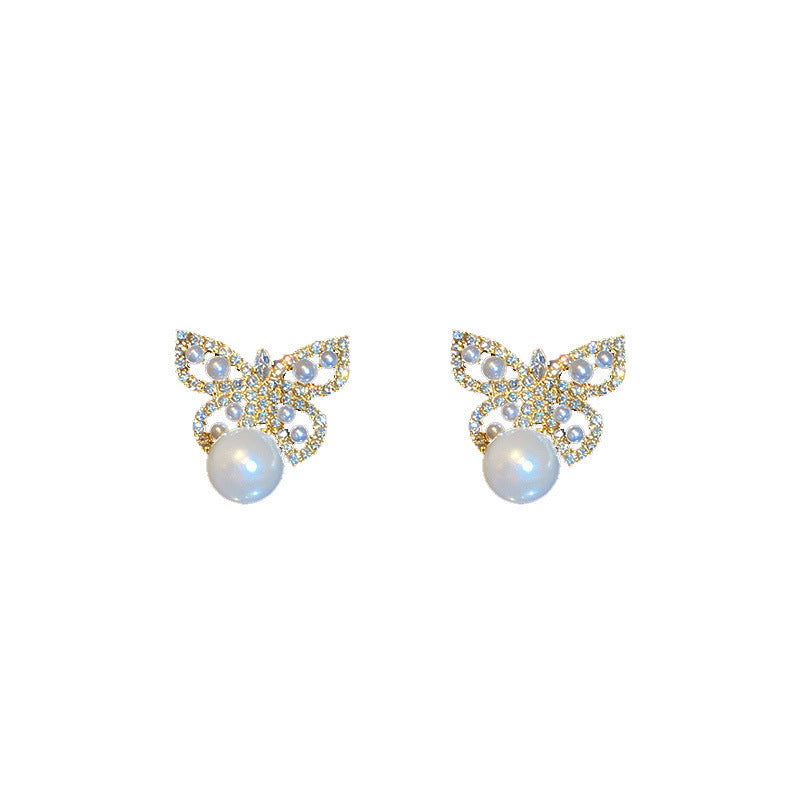 Wholesale 925 Silver Needle Diamond Pearl Butterfly Earrings ACC-ES-LanXiu002