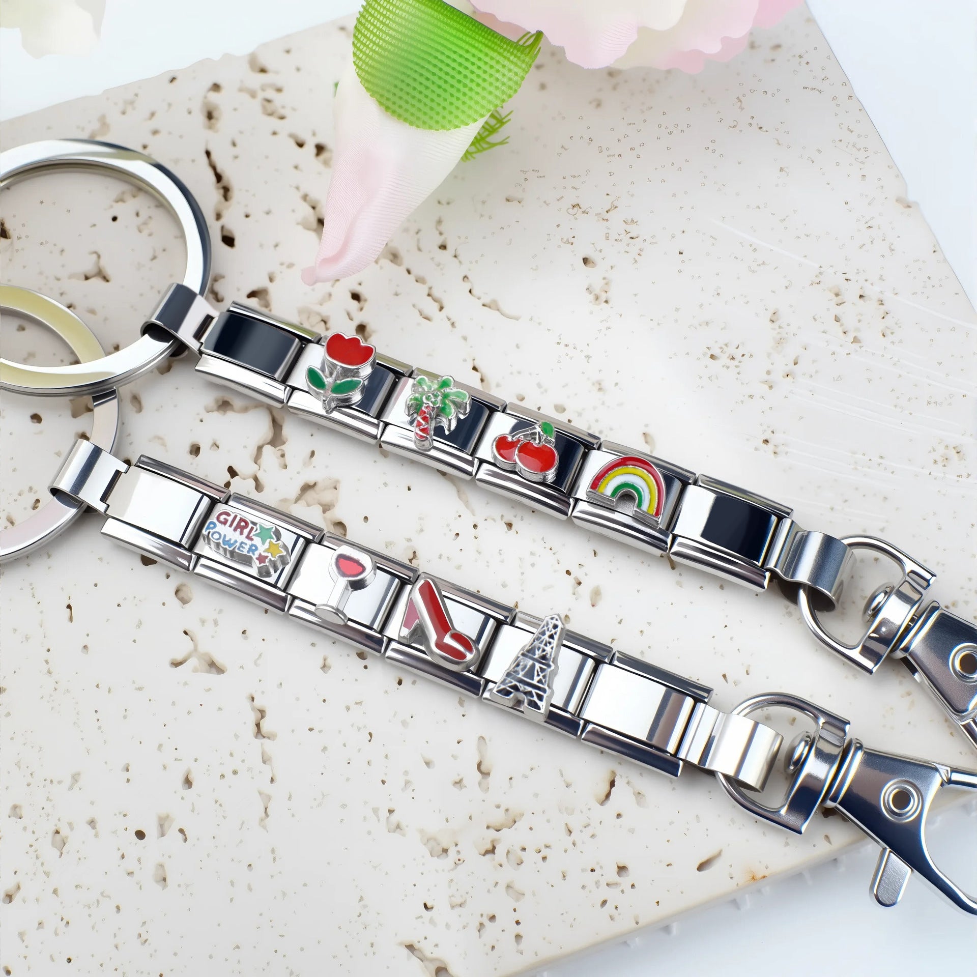 Wholesale Single Section Creative Titanium steel Composable Italian Charm Keychains