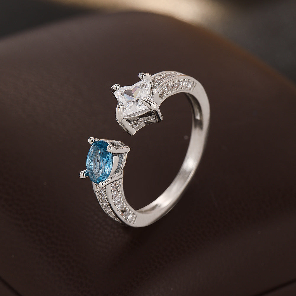 Wholesale Copper Zircon Blue Topaz Ring Moissanite Look Adjustable Silver Jewelry Fashion Accessory For Women Everyday Wear Gift
