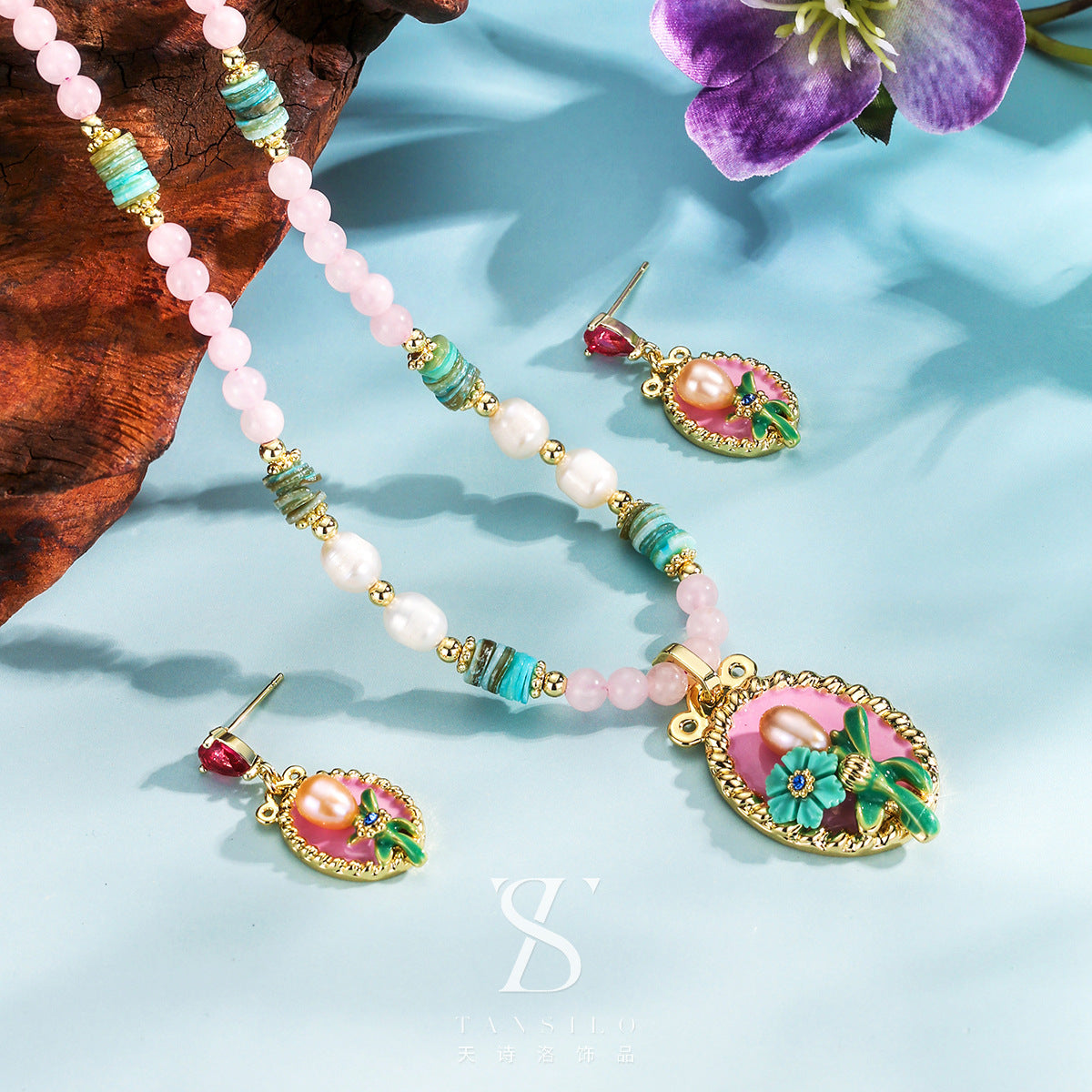 Wholesale  Natural Agate Stone Oil Painting Necklace Light Luxury  Beaded Necklace