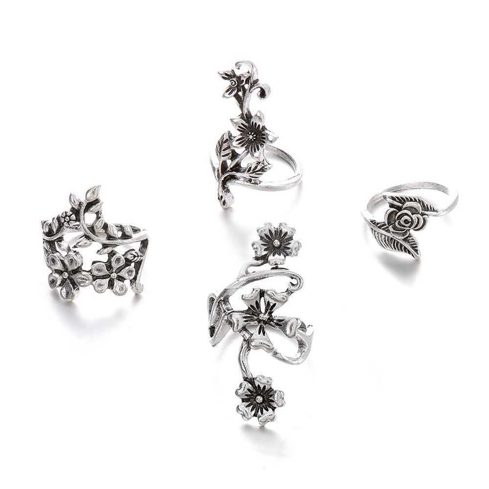 Wholesale Zinc Alloy Vintage Floral Vine Ring Set Ancient Silver Butterfly Design Everyday Fashion Jewelry Accessory