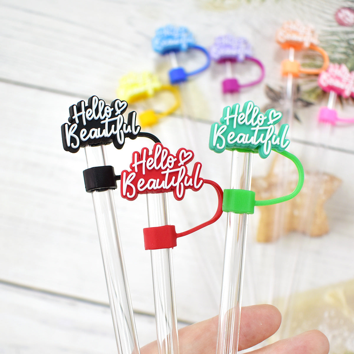 Wholesale  Random 100pcs  Colorful Phrase 10mm PVC Soft Straw Tube Cap
