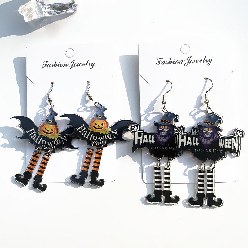 Wholesale  Earrings Acrylic Double-Sided Long-Legged Witch Pumpkin  Earrings