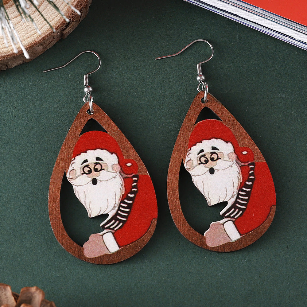 Wholesale Christmas Santa Elk Water Drop Pendant WoodenEarrings