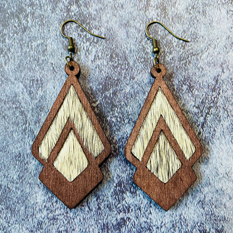 Gouttes d'oreilles en bois rétro en gros de boucles d'oreilles en cuir authentiques occidentales