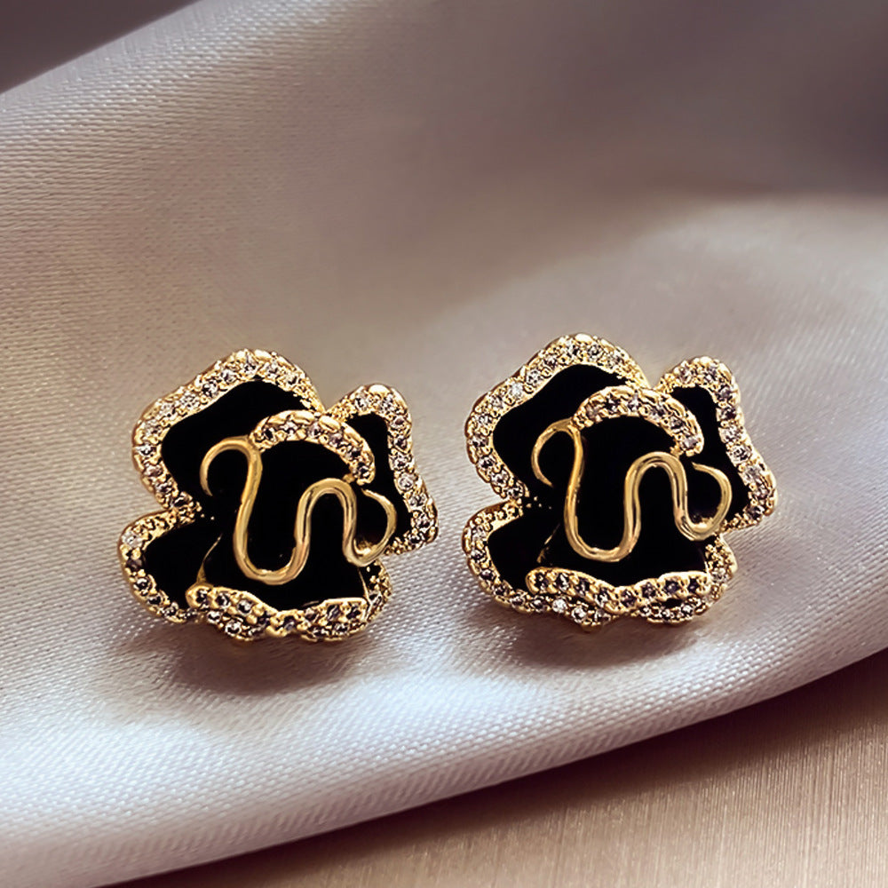 Wholesale Zircon Camellia Ear Clip Gold Light Luxury Flower Earrings