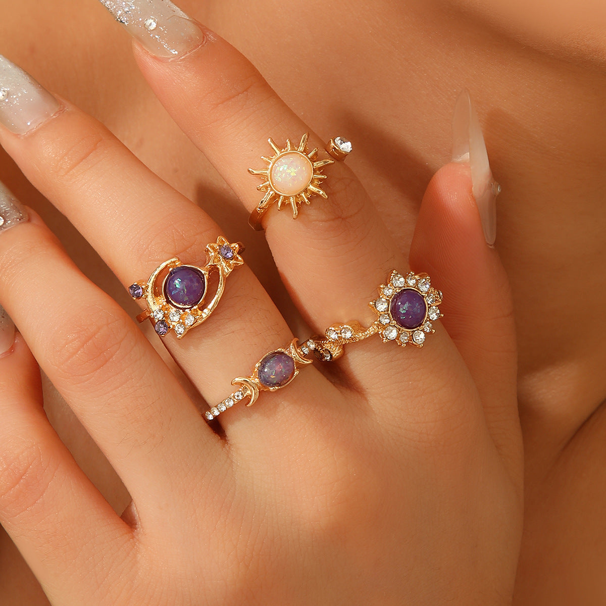 Wholesale Vintage Purple Gemstone Geometric Ring Set For Women Gold Tone Alloy 4 Pieces Chic Everyday Jewelry Accessory