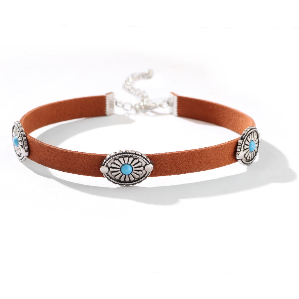 Wholesale  Retro Bohemian Choker Metal Flower Plate Turquoise Necklace