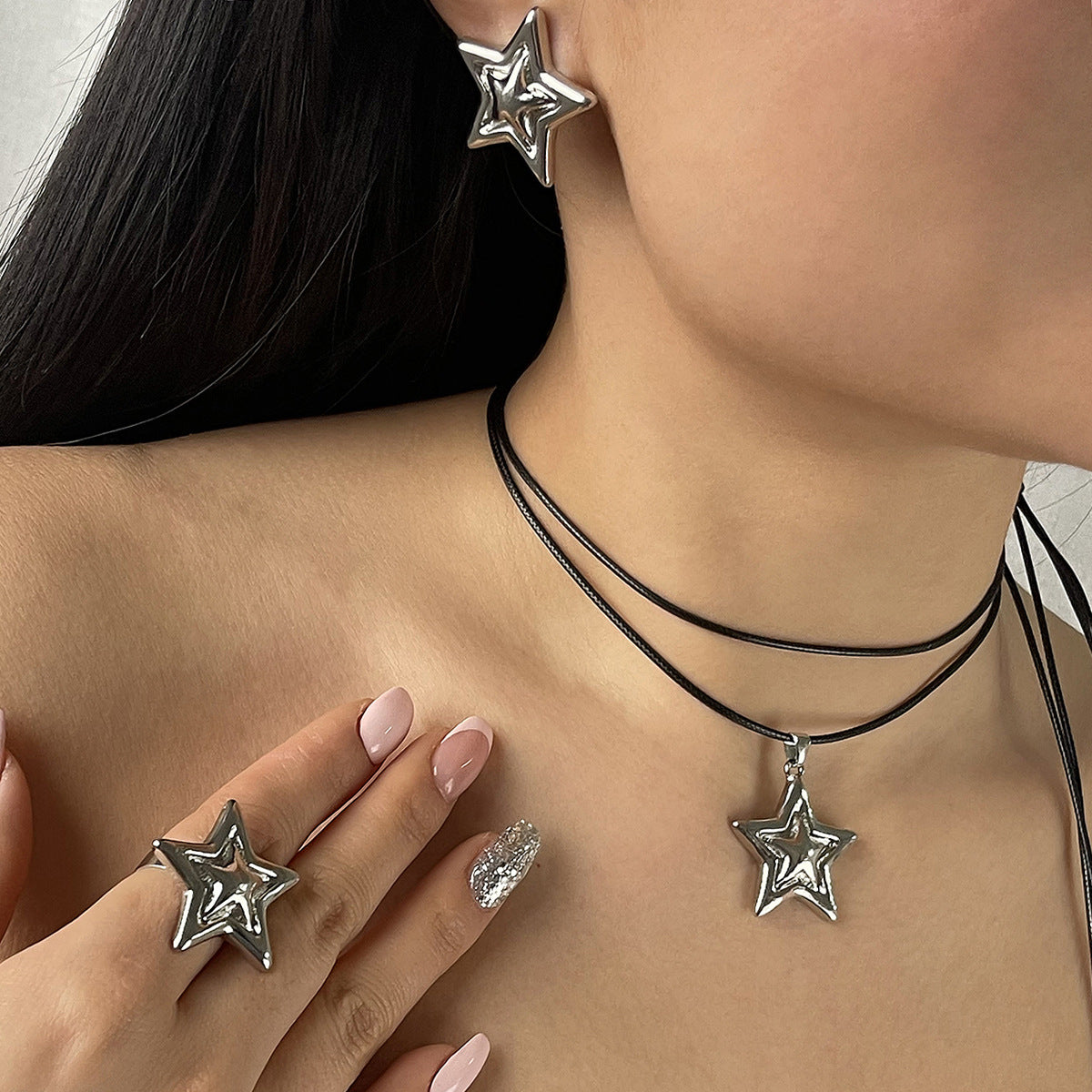 Wholesale double five-pointed star earrings necklace ring niche creative