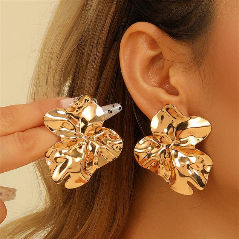 Wholesale Retro Exaggerated Irregular Geometry Metal Earrings Textured Lava Fold Jewelry Accessory