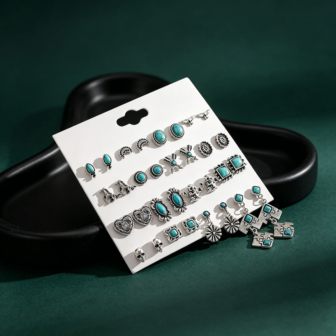 Wholesale Retro Inlaid Imitation Turquoise Earring Set Zinc Alloy Electroplated Fashion Accessory