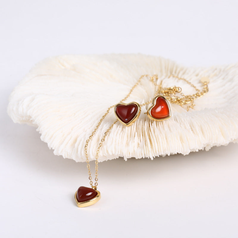 Wholesale Titanium Steel Natural Stone Red Agate Pendant Necklace Heart-Shaped Necklace Earrings