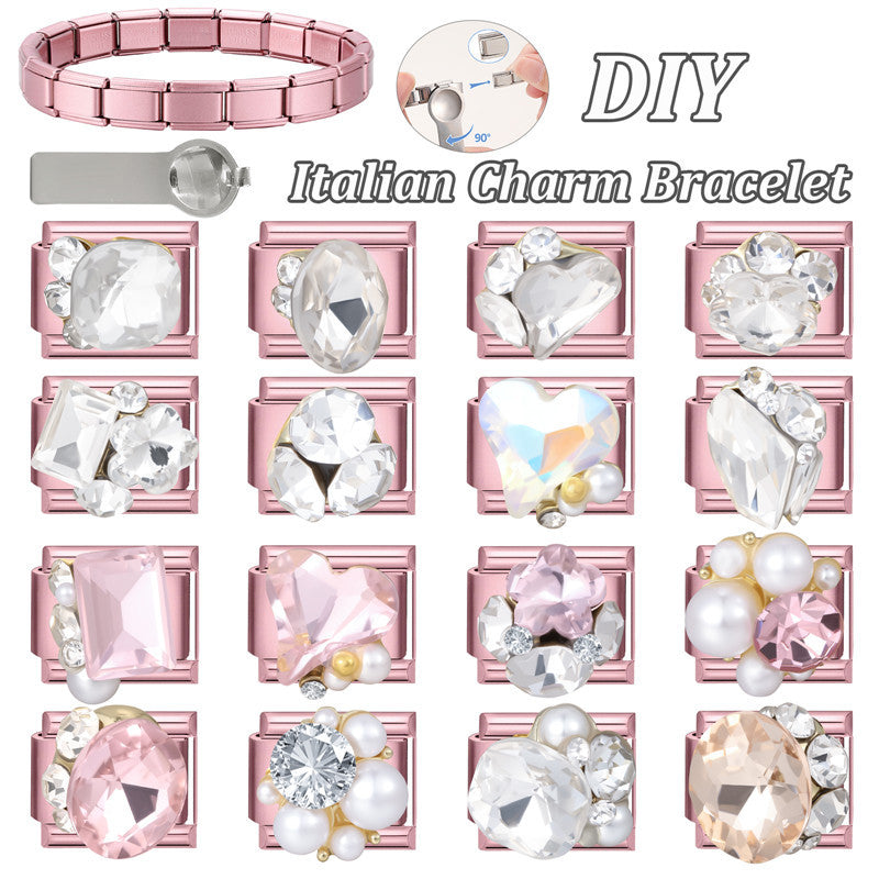 Wholesale Stainless Steel Pink Crystal Pearl Heart Bracelet Set Fashion Accessory