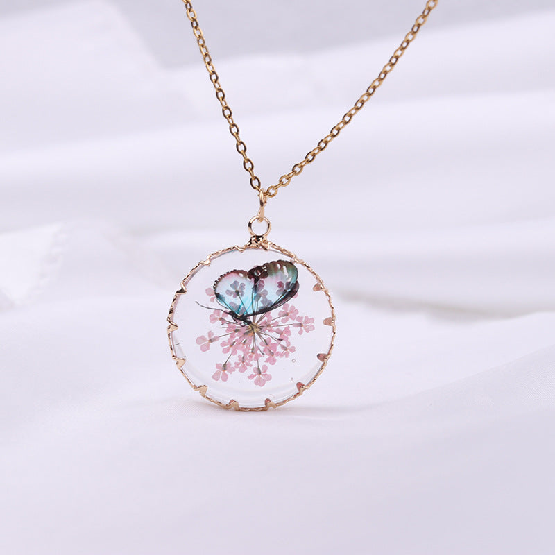 Wholesale Butterfly  Gold and Silver Dried Flower Glass Pendant Necklaces