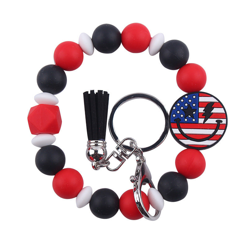 Wholesale Wristlet Keychain New Keychain Pendant Leather PU Short Tassel Silicone Beads Independence Day Bracelet Keychain ACC-KC-GuangTian037