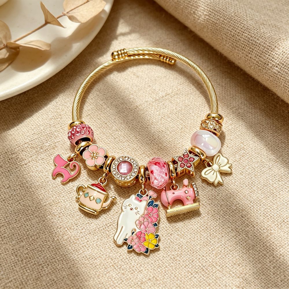 Wholesale Cute Cat Teapot Sewing Machine Charm Bracelet Stainless Steel Open Bangle Trendy Women Jewelry Accessory