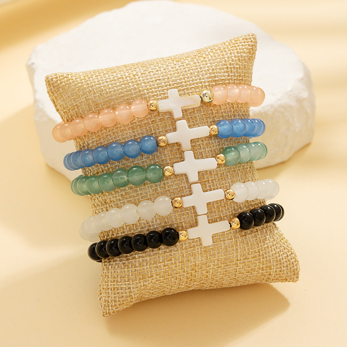 Wholesale Natural shell cross copper beads glass beads multi-piece elastic bracelet