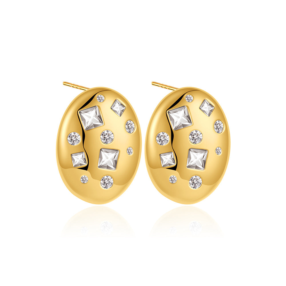 Wholesale  18K Gold Oval Bread Inlaid Square Zircon Earrings