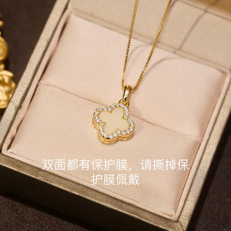Wholesale Fully Rhinestone Four-leaf Clover Titanium Steel Double Sided Necklace