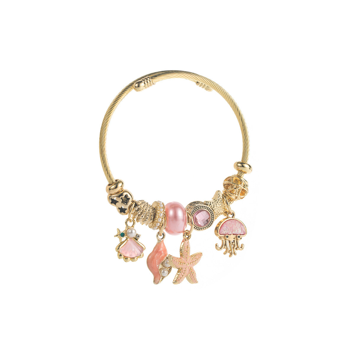 Wholesale Ocean Themed Alloy Charm Bracelet Pink Zircon Starfish Jellyfish Design Jewelry Gift For Women