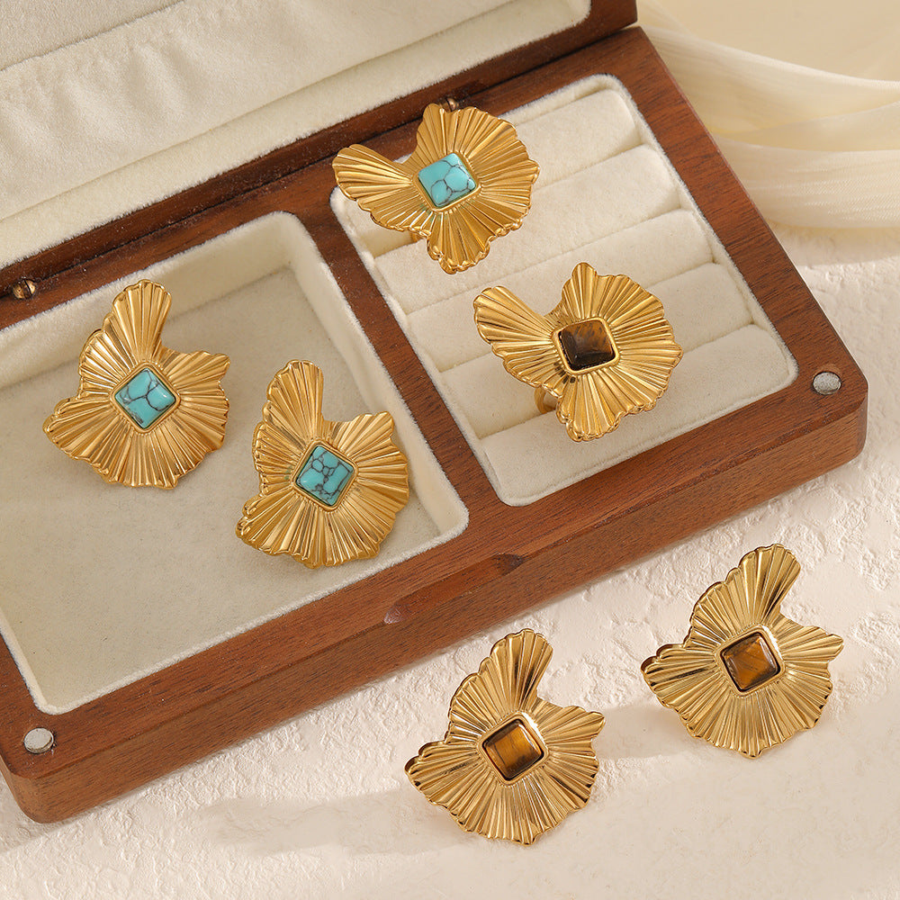 Wholesale Gold Plated Stainless Steel Natural Stone Irregular Geometric Ring And Earring Set For Women Trendy Everyday Jewelry