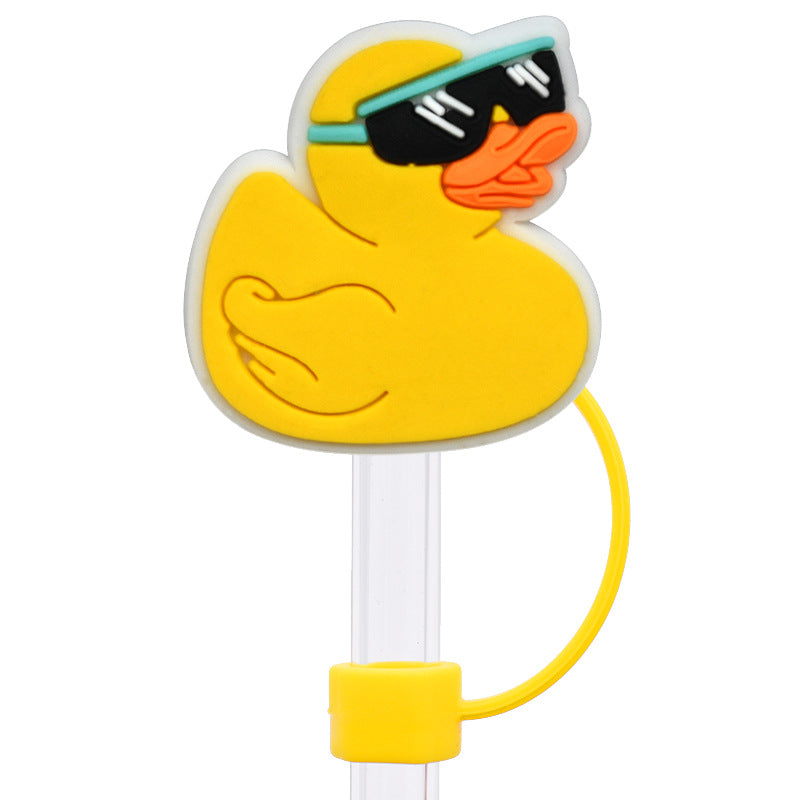 Wholesale Random 100pcs Cartoon yellow duck   10mm PVC Soft Straw Tube Cap