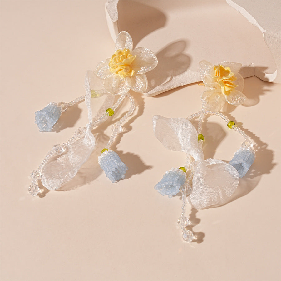 Wholesale  Lace Flower Glaze Rice Beads Tassel Silver Pin Earrings