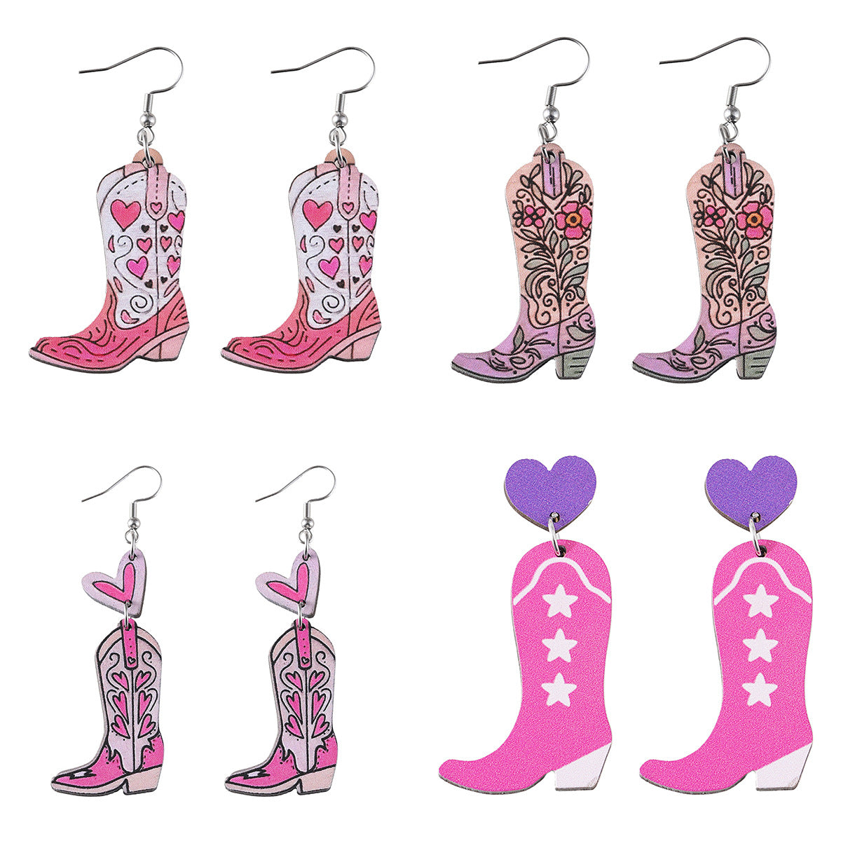 Wholesale Western Style Pink Heart Tassel Cowboy Boots Wood Double-Sided Earrings ACC-ES-ChuLian076