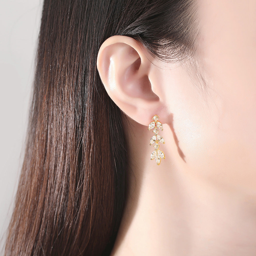 Wholesale Zircon Long Leaf Copper Earrings
