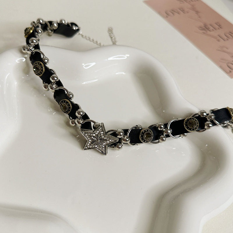 Wholesale leather woven five-pointed star button necklace