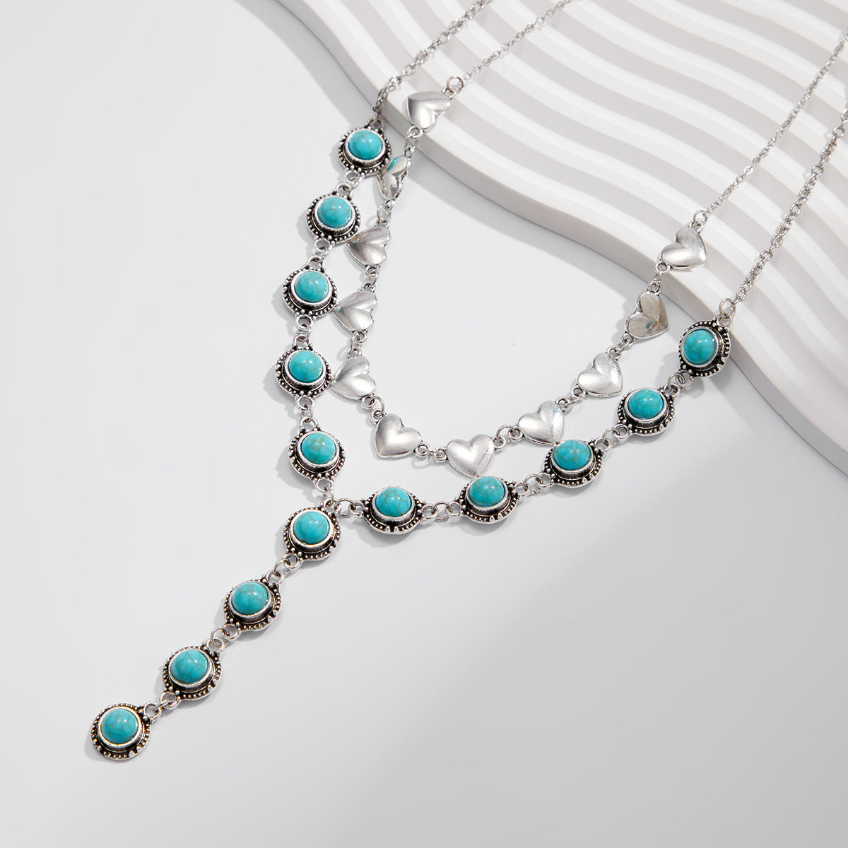 Wholesale Vintage Y-shaped tassel heart-shaped turquoise necklace