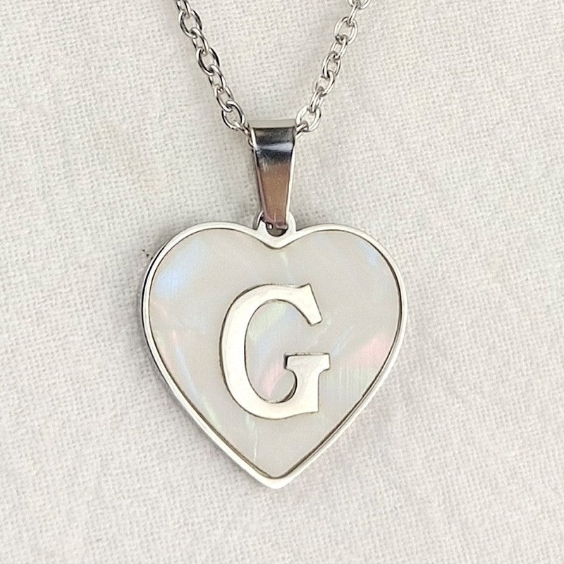 Wholesale 26 English Letters Heart Inlaid Shell Titanium Steel Necklace ACC-NE-DingChao002