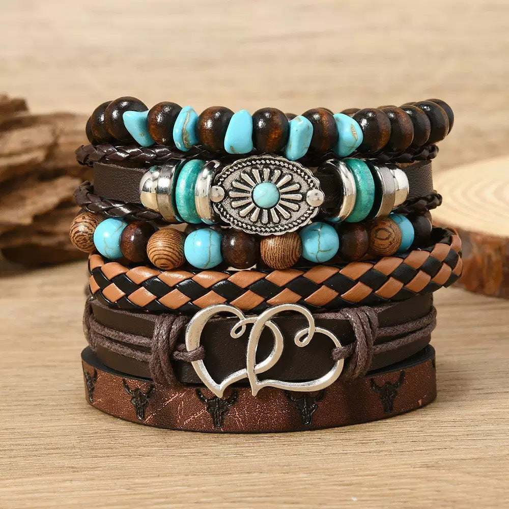 Wholesale Retro Handmade Leather Bracelet Set - 6 Piece Bohemian Fashion Accessory for Everyday Wear